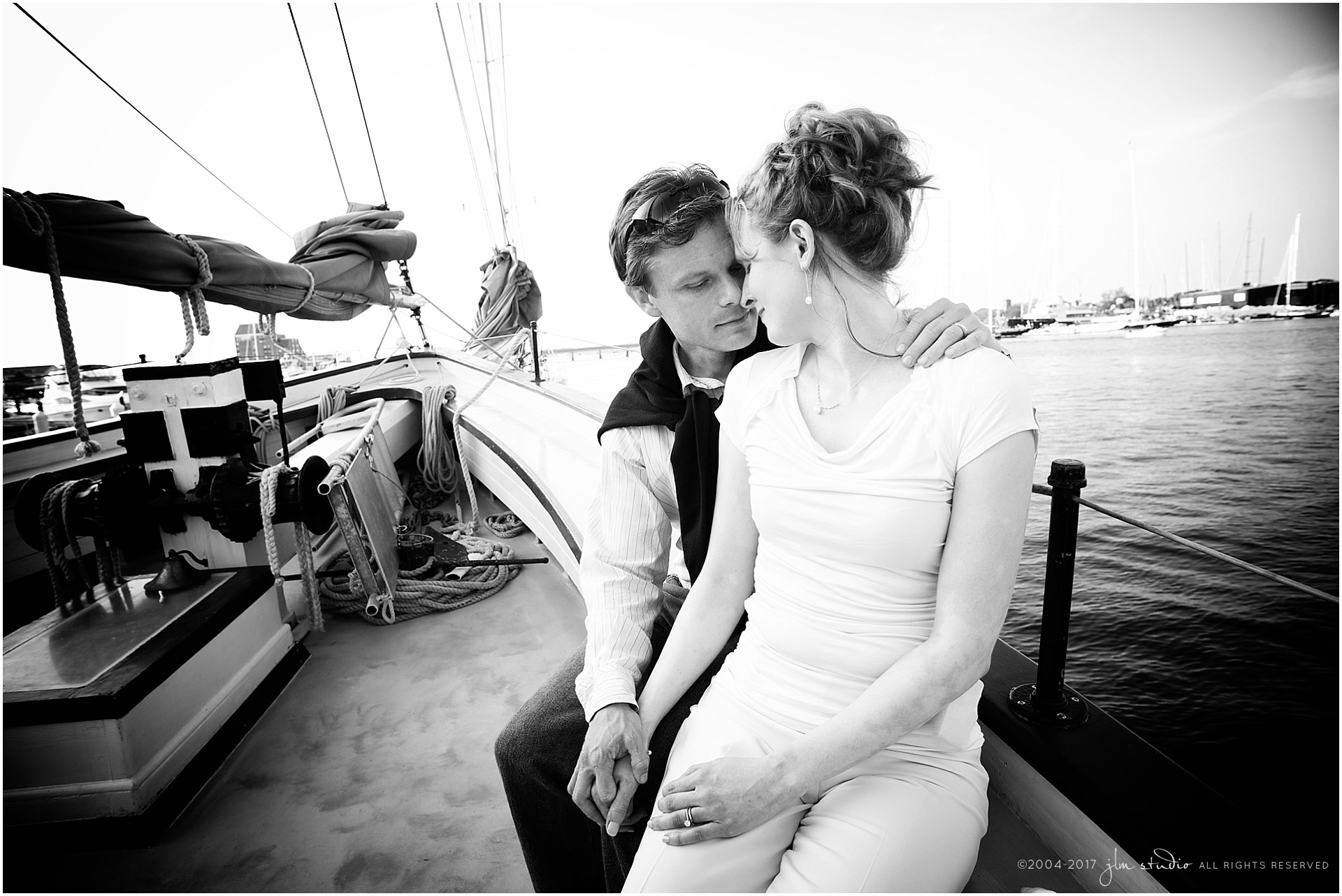 newport boat engagement photo black and white